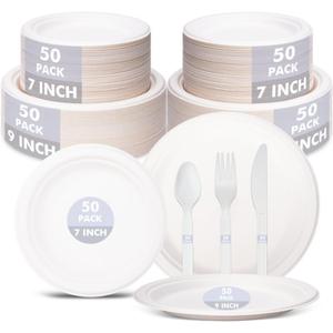 250PCS Compostable Plates Sugarcane Utensils Paper Plate Disposable Heavy Duty, Eco Friendly Dinnerware Set for 50 Guests Includes 50 Biodegradable Plates Forks, Knives & Spoons for Brithday Party