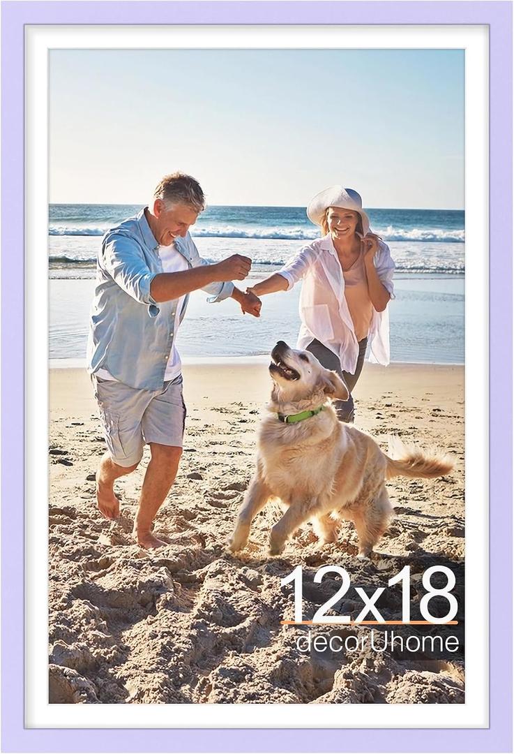 decorUhome 12x18 Picture Frame, Display Pictures 11x17 with Mat or 12x18 without Mat, Wall Mounting Photo Frame, Purple, 1 Pack