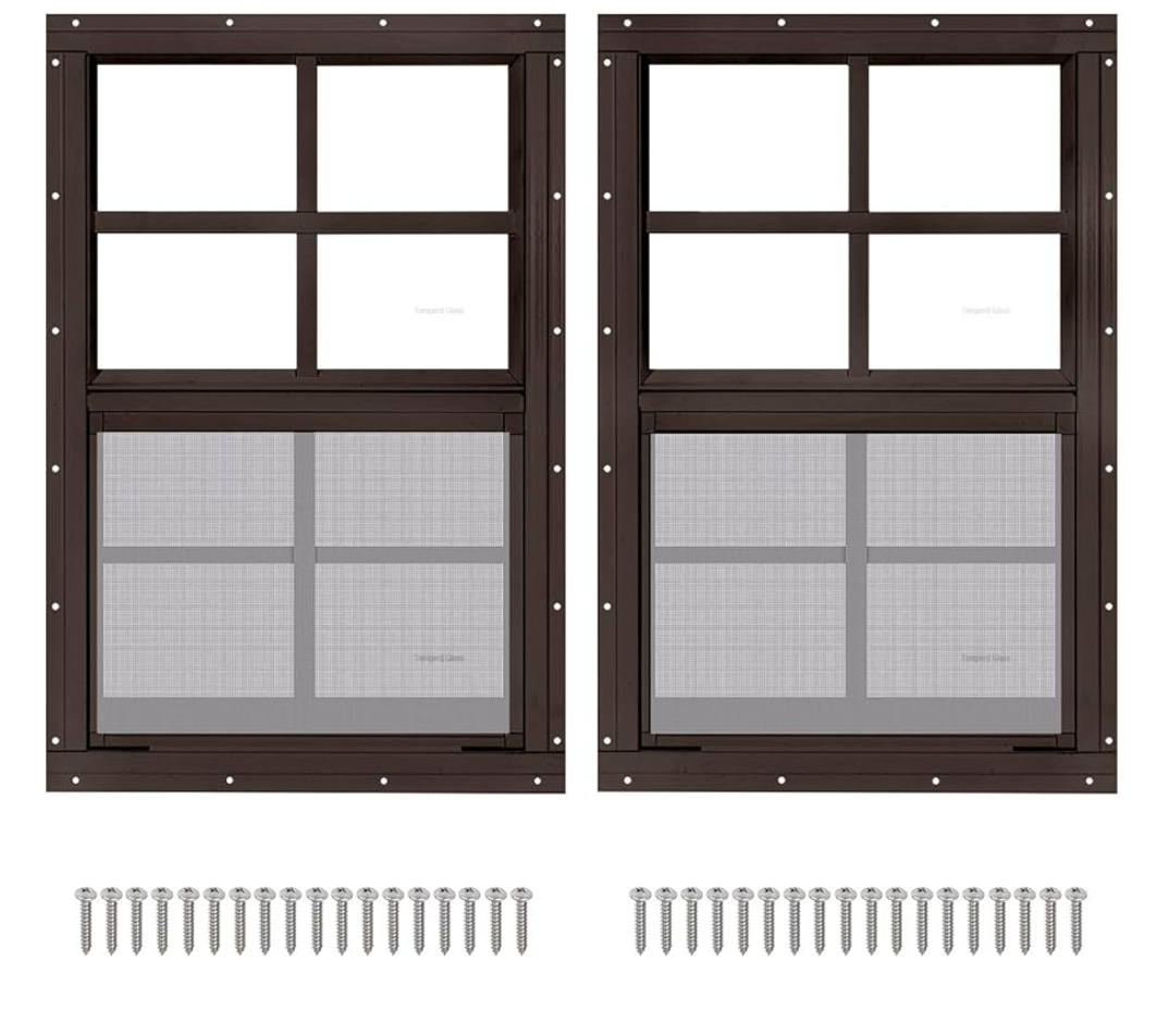 2 Pack 16" x 16" Brown Shed Window with Tempered Glass Household Windows with Screws for Shed, Chicken Coop, Playhouse, Garage and Barns(No Screen)
