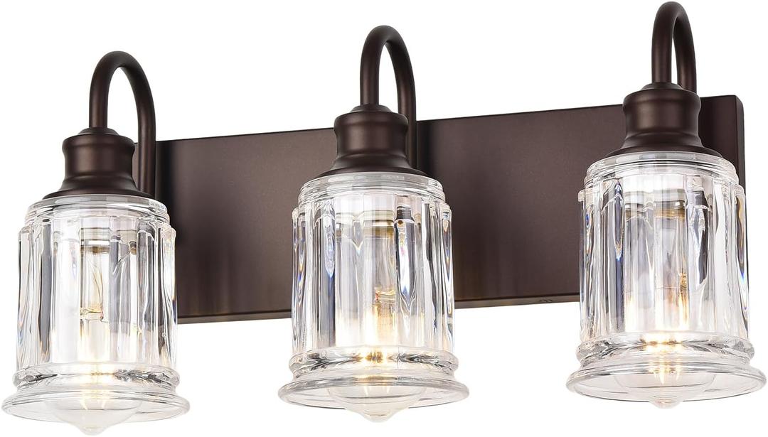 LIROUVET Farmhouse Bathroom Vanity Light Fixtures, 3-Lights Oil Rubbed Bronze Bathroom Lights Over Mirror, Clear Glass Shades Vanity Light Above Mirror (Bulb not Include)