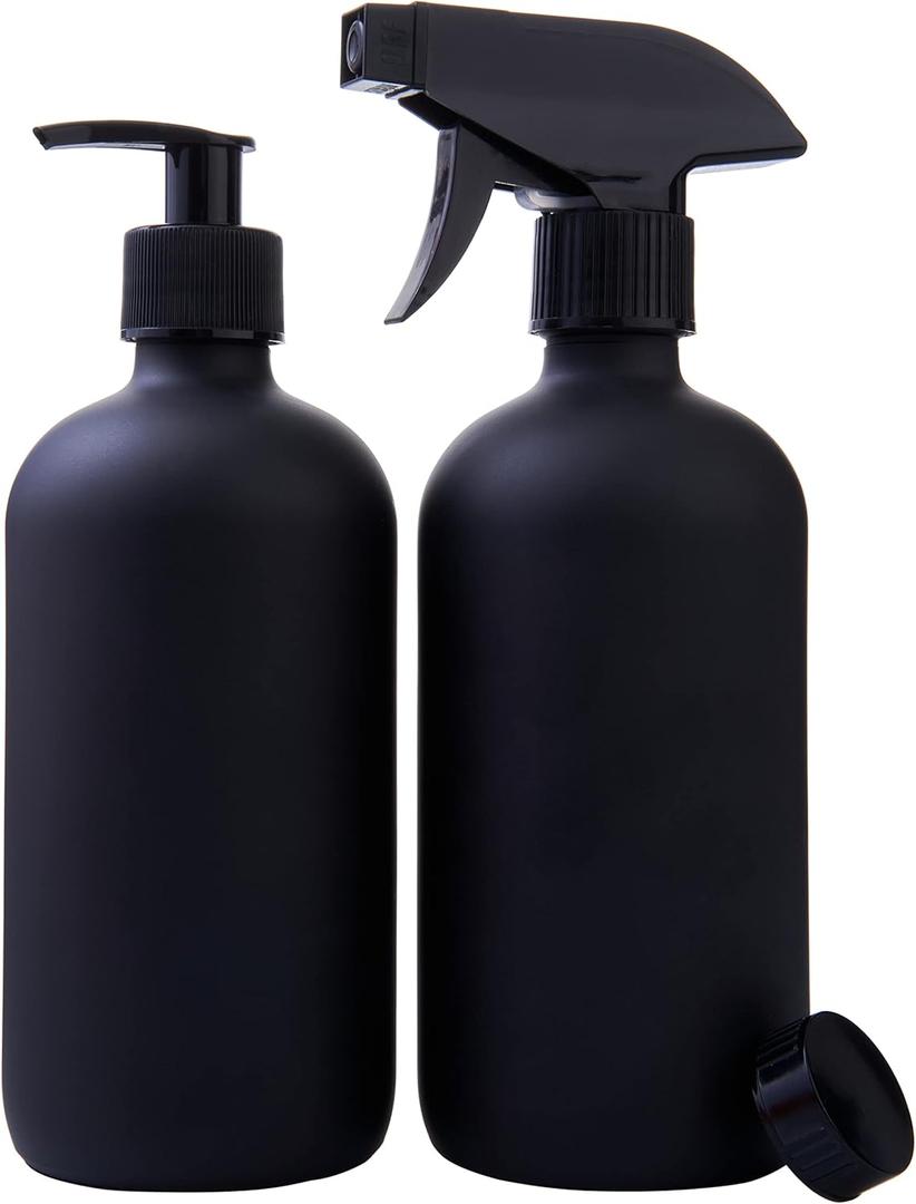 Black Boston Round Glass Bottles, 16oz | Glass Spray Bottle & Soap Dispenser | Reusable for Cleaning & More | Set of 2