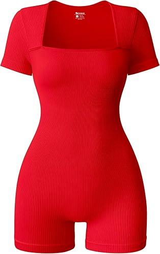 OQQ Women Short Sleeve Rompers Yoga Stretch Square Neck Exercise Rompers Red Small