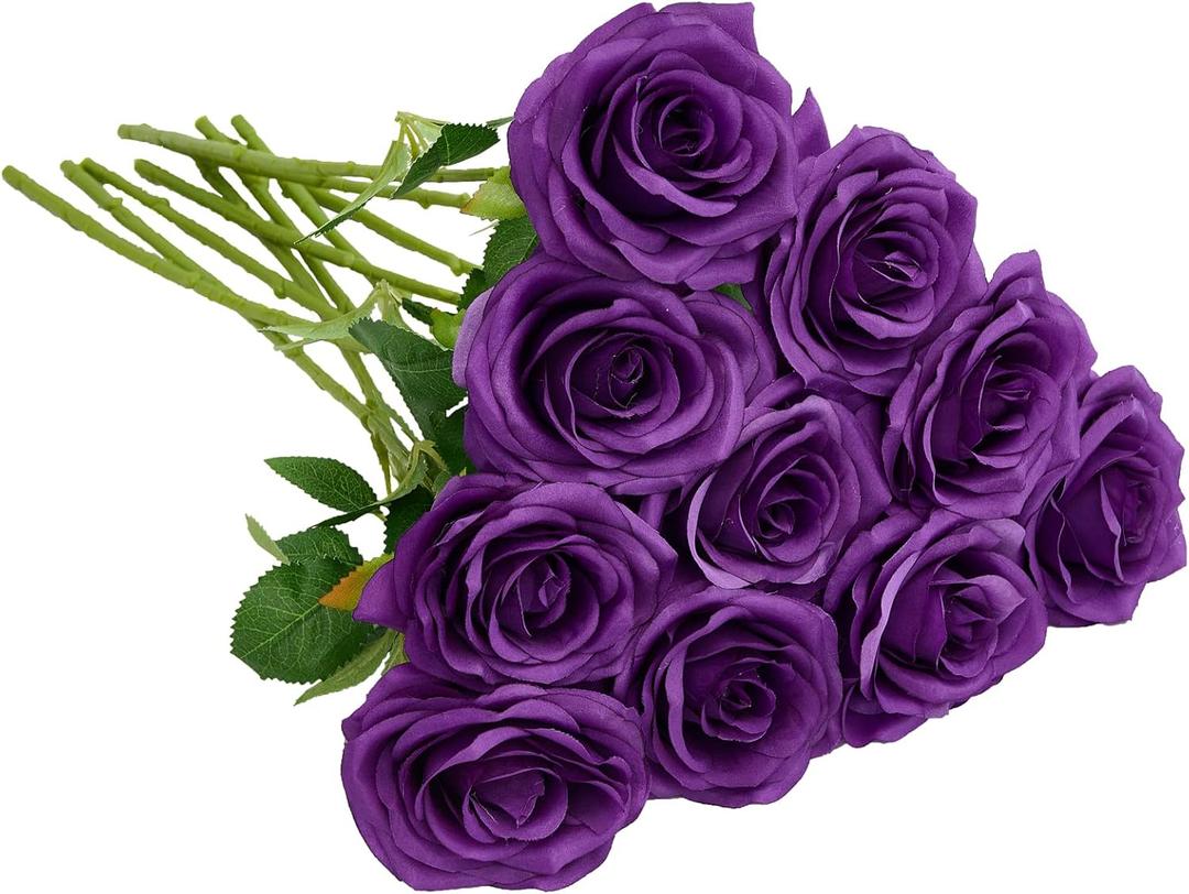 IUKnot Artificial Rose 10pcs Open Flower Bouquet Faux Rose Stems for Wedding Arrangement, Bridal Bouquet, Centerpiece, Fake Faux Silk Flowers (Purple)