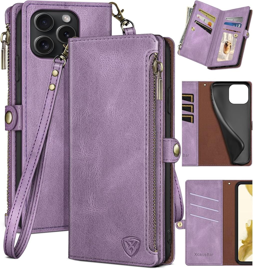 XcaseBar Compatible with iPhone 16 Pro Max Wallet case with Zipper Credit Card HolderRFID Blocking,Flip Folio Book PU Phone case Shockproof Cover Women Men for Apple 16 Pro Max case Lilac Purple