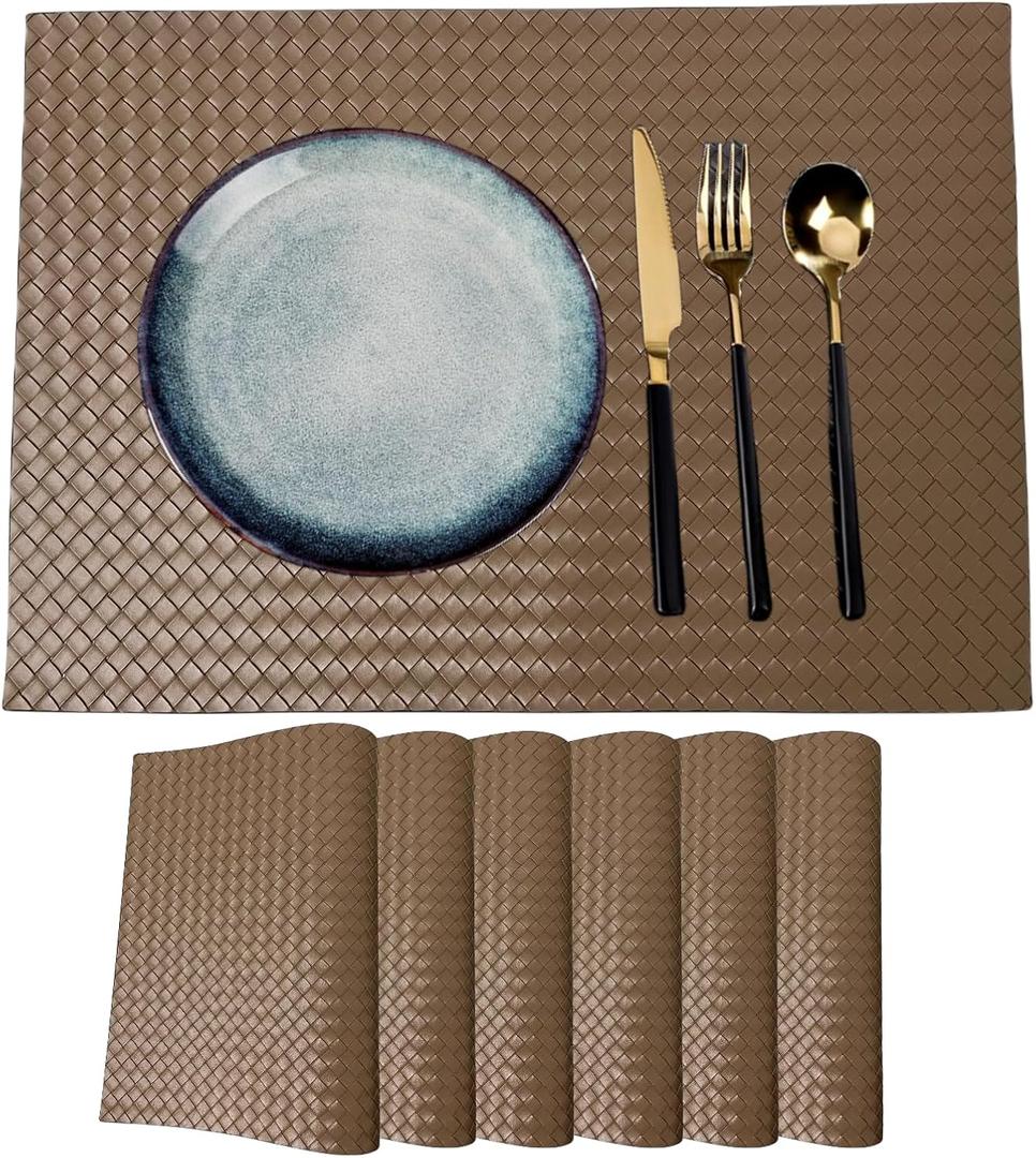 Placemats Set of 6 Woven Faux Leather Place Mats for Kitchen Dining Table Washable Wipeable Heat Resistant Placemats Waterproof Pads for Indoor & Outdoor (Flaxen)
