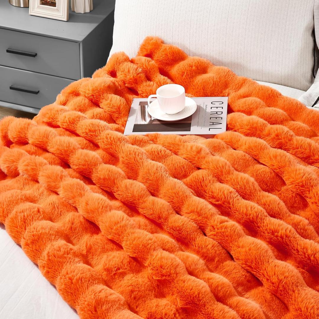 JONIYEAR Large Solid Fall Bubble Faux Rabbit Fur Bed Blanket Full Size 70" x 80", Decorative Puffy Big Warm Fuzzy Blanket for Winter,Extra Thick Shaggy Cozy Comfy Fluffy Blankets for Adult Kid, Orange