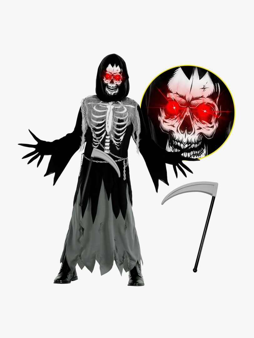 Morph Kids Light Up Grim Reaper Costume - Scary Halloween Outfit with Grim Reaper Scythe for Kids