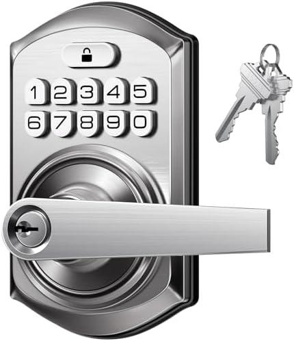TEEHO TE004 Keyless Entry Keypad Door Lock with Handle - Smart Digital Electronic Lock for Interior Door with Anti-Peeping, Auto Lock & Passage Mode - Easy Installation - Satin Nickel (No Keys)