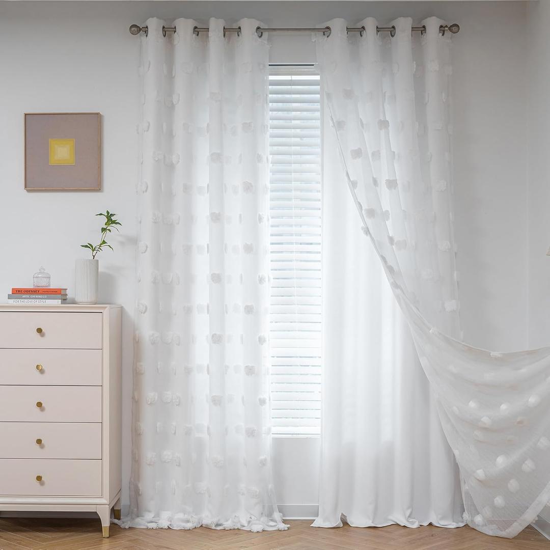MYSKY HOME White Curtains for Living Room 90 Inches Long Nursery Curtains for Bedroom Double Layer Curtains White Pom Pom Sheer Curtains for Dining Room Grommet Room Darkening Window Panels W52 X L90