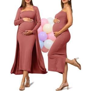 Rnxrbb 2 Piece Maternity Dress Cardigan Baby Shower Wedding Guest Summer Gender Reveal Photoshoot Tube Maternity Dress Long (Medium Tall, Rosybrown)