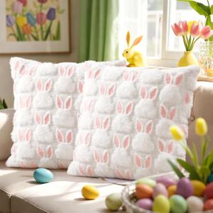 2 x Shzbtdo Easter Pillow Covers 18x18, Bunny Easter Decorations for Home, Soft Plush Throw Pillow Covers Pillowcases for Couch Sofa Bed Spring Decor, Hidden Zipper