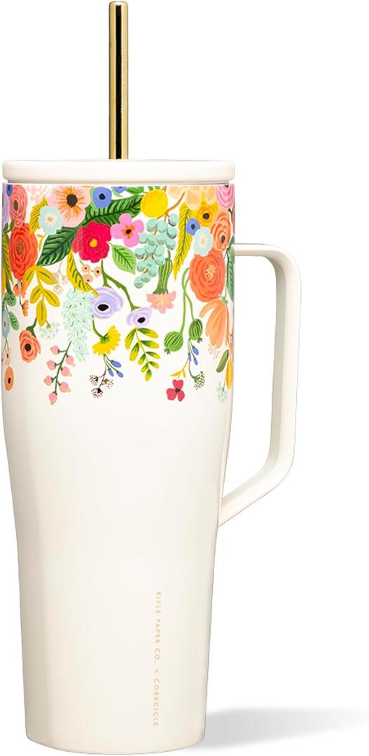 Corkcicle Rifle Paper 30oz Tumbler With Handle, Garden Cream Floral, Reusable Water Bottle, Triple Insulated Stainless Steel Travel Mug, BPA Free, Cold 12 Hours, Tumbler with Lid and Straw
