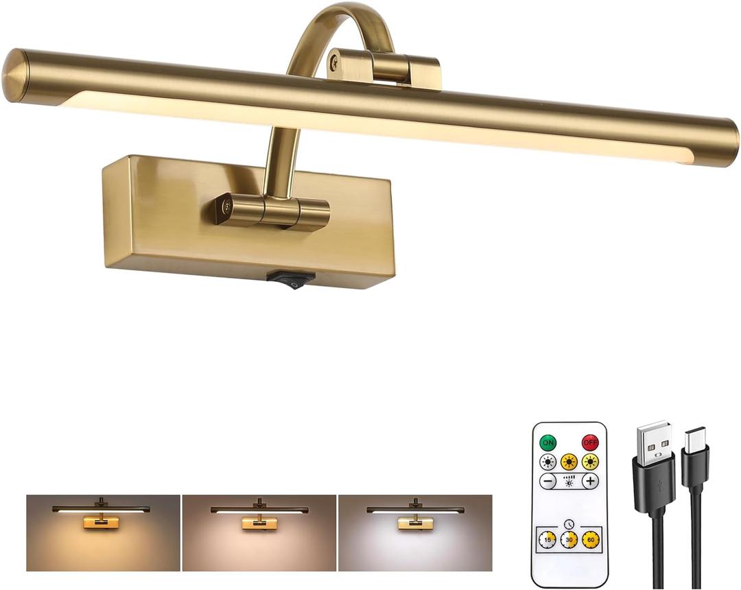 Wireless Picture Lights for Wall Rechargeable, Battery Operated Art Light for Paintings, 3CCT Dimmable, 15.7" Brass Finish with Remote, Rotatable Gallery Light for Pictures Display