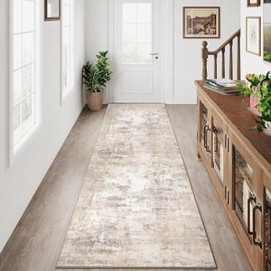 2x6 Washable Runner Rug Beige Grey Neutral Abstract Hallway Kitchen Living Room Bedroom Non Slip Throw Rug Soft Low Pile Indoor Carpet for Entrance Laundry Bathroom (2' x 6' (Runner))