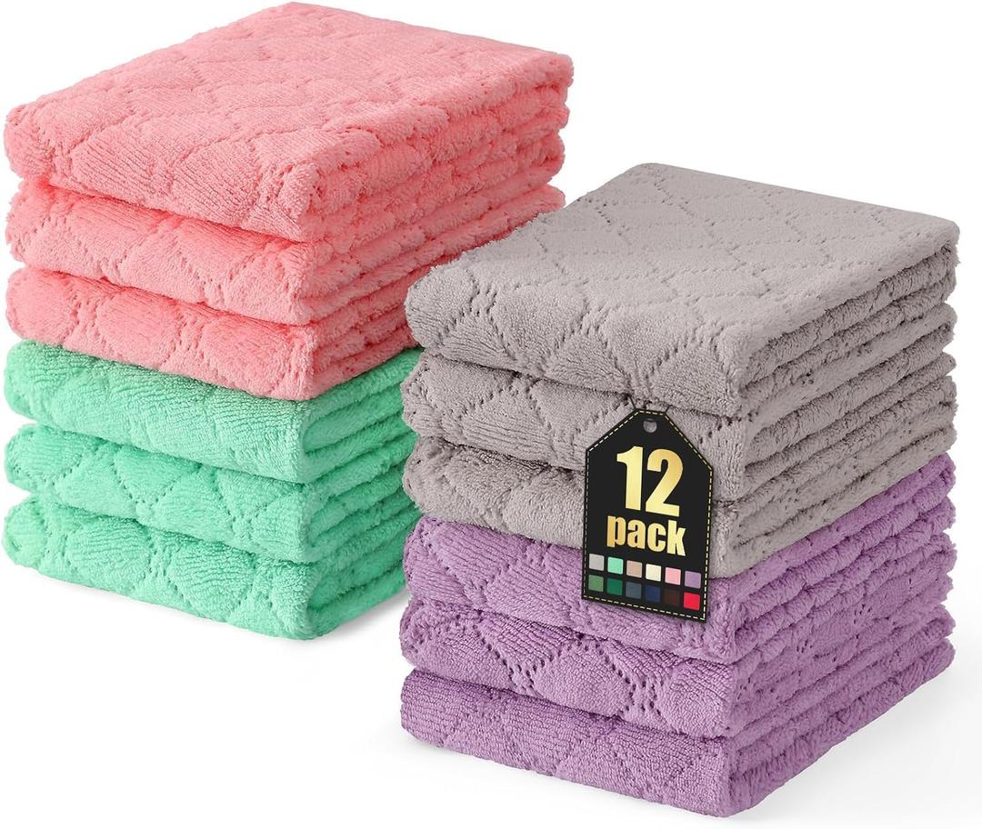 Homaxy 12 Pack Dish Towels for Kitchen (10 x 20 Inches, Multi Color), Super Soft and Absorbent Coral Velvet Dish Cloths for Washing Dishes, Nonstick Oil Fast Drying Microfiber Cleaning Cloth