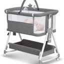 Baby Bassinet,3 in 1 Bedside Bassinet for Baby with Hanging Toys,Foldable Baby Bassinets Bedside Sleeper,4-Sided Mesh Bedside Crib with Wheels and Storage Basket,6 Height Adjustable (Light Grey)