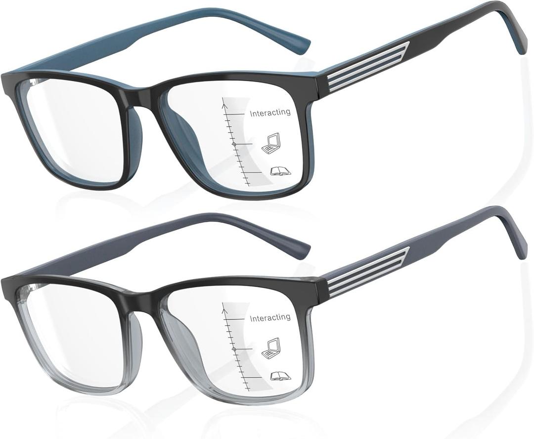 DEHOTRE 2 Pack Progressive Multifocus Reading Glasses Men Unbreakable TR90 Frame Temple Large Size Readers with Metal Inlays (Black+blue)