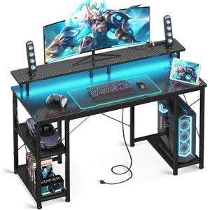 ODK 48 inch Computer Desk with Power Outlets & LED Lights, Gaming Desk with Monitor Stand & Storage Shelves, Home Office Desk, Carbon Fiber Black