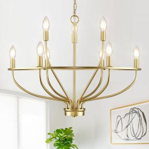9-Light Gold Light Fixture Vintage Candle Chandelier Lighting 30in Mid-Century Modern Brass Dining Room Chandelier Over Table for Kitchen Island Living Room FoyerBedroom, E12