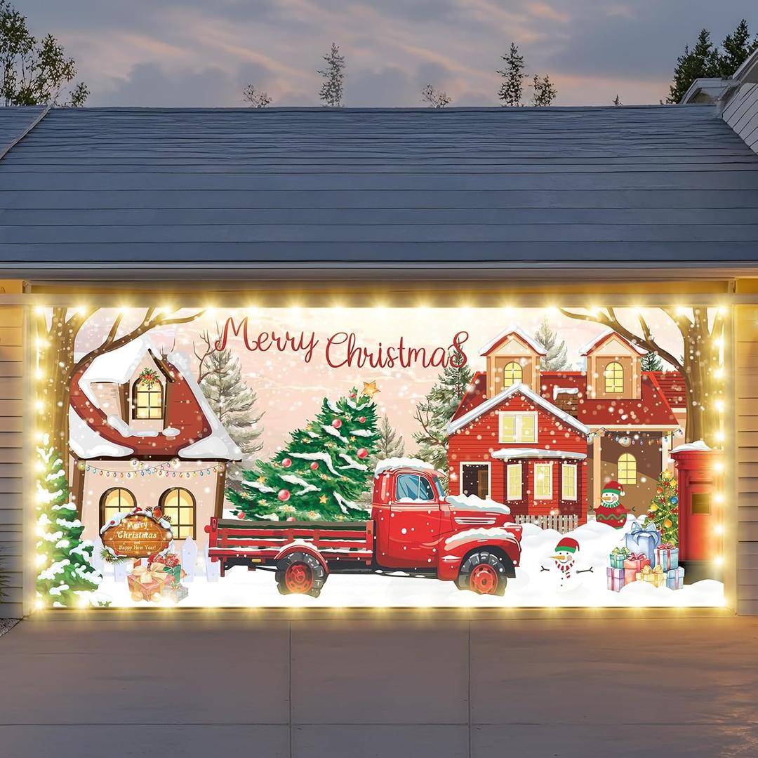 7x16 ft Christmas Garage Door Banner, 2025 Holiday Garage Door Decoration, Large Door Cover with Festive Design, Outdoor Xmas Banner, Merry Christmas Mural (Red Truck)