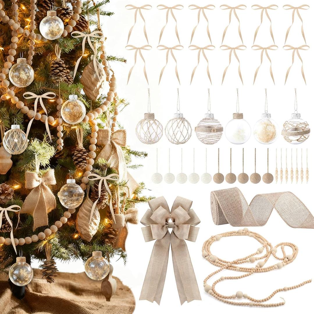 Syhood 45 Pcs Farmhouse Burlap Christmas Tree Decoration Set Large Burlap Tree Topper Bow 22 Xmas Ball Ornament 11.5' Wooden Beads Garland 6.3'' Beads Ornament 12 Natural Bows for Rustic Holiday Decor