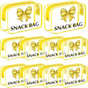 Tallew 12 Pcs Bow Softball Snack Bags for Team Gifts Bow Goodie Treat Clear Candy Pouch Bags PVC Waterproof with Zipper Party Favors for Team Ground Christmas Birthday Gifts Sport Supplies