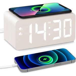 Wooden Digital Alarm Clock, 10W Fast Wireless Charger Station & 2 USB Charging Ports, with 0~99% Dimmer, Dual Alarm, Weekday/Weekend Mode, Wood LED Clock for Bedroom, Desk, Office (White)