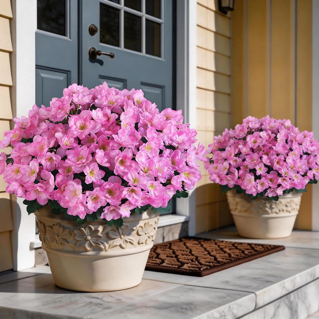 YXZZWL 8 Bundles Artificial Flowers for Front Door, Fake Silk Azalea Bouquet Silk Flowers for Outside UV Resistant Realistic Faux Plants for Planter Farmhouse Patio Garden Walkways Home Decor (Pink)