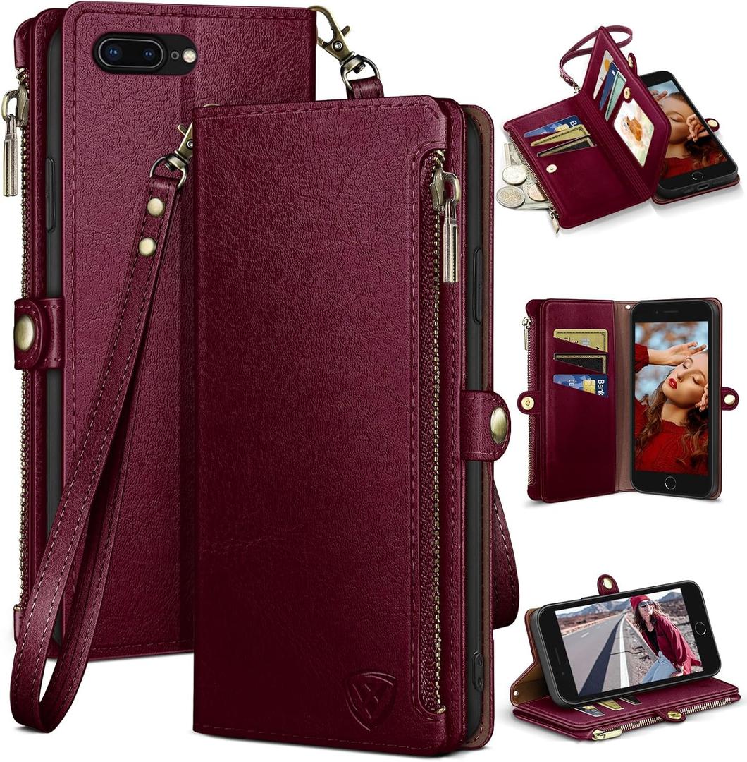 XcaseBar for iPhone 7Plus/8 Plus 5.5" Wallet case with Zipper Credit Card HolderRFID Blocking, Flip Folio Book PU Leather Phone case Shockproof Cover Women Men for Apple 7 Plus case Wine Red