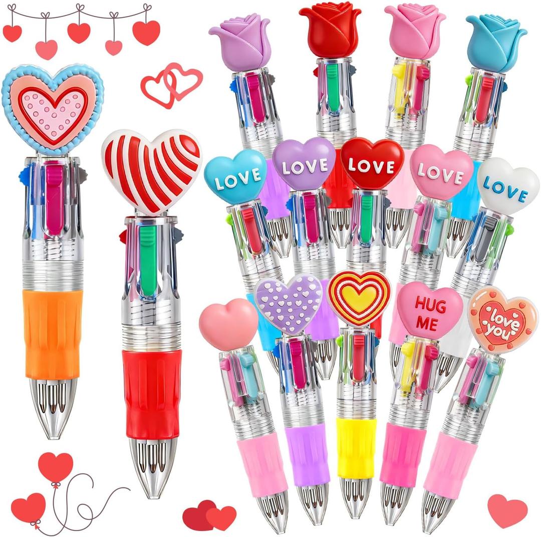 16Pcs 4 in 1 Mini Valentines Multicolor Ballpoint Pens Cartoon Cute Pens Bulk for Kids Retractable Ballpoint Pen 0.7mm for School Home Office Stationery or Fun for Children