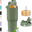 PROBTTL 40 oz Glass Tumbler with Handle  Sports Clear Borosilicate Glass Water Bottle with Straw, Silicone Sleeve, 2 Lids  Handle Spout & Bamboo Straw Lid, Fits Car Cup Holder, Leakproof（Olive