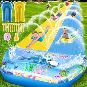 VEEST 33 FT Extra Long Water Slides for Kids Adults, Giant Double Lawn Water Slip Heavy Duty with 2 Bodyboards, Summer Water Slides with Crash Pad for Backyard Outdoor
