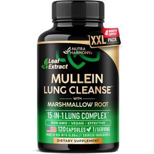 Mullein Lung Detox - Mullein Leaf Extract - Marshmallow Root | Echinacea | Oregano | Quercetin | NAC - 15-in-1 Lung Support & Cleanse for Smokers Supplement - Made in USA - As Drops - 120 Capsules (EXP: 05/2028)