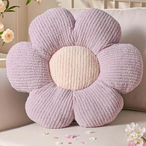 Flower Pillows, Cute Daisy Shaped Throw Pillow, Small Purple Floor Cushions for Gifts, Kids Decorative Pillows for Living Room Sofa Bedroom Bed, 19.6x19.6 Inch