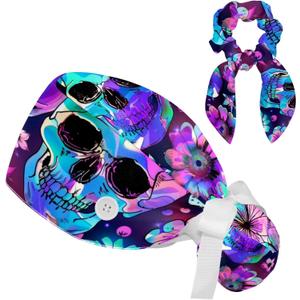 Womens Working Cap Scrub Hats with Bow Scrunchies, Skeleton Pattern Bouffant Surgical Cap Ponytail Holder