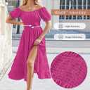 Linsery Women's Summer Square Neck Short Puff Sleeve Casual Smocked Flowy A Line Tiered Split Midi Dress (Pink, L)