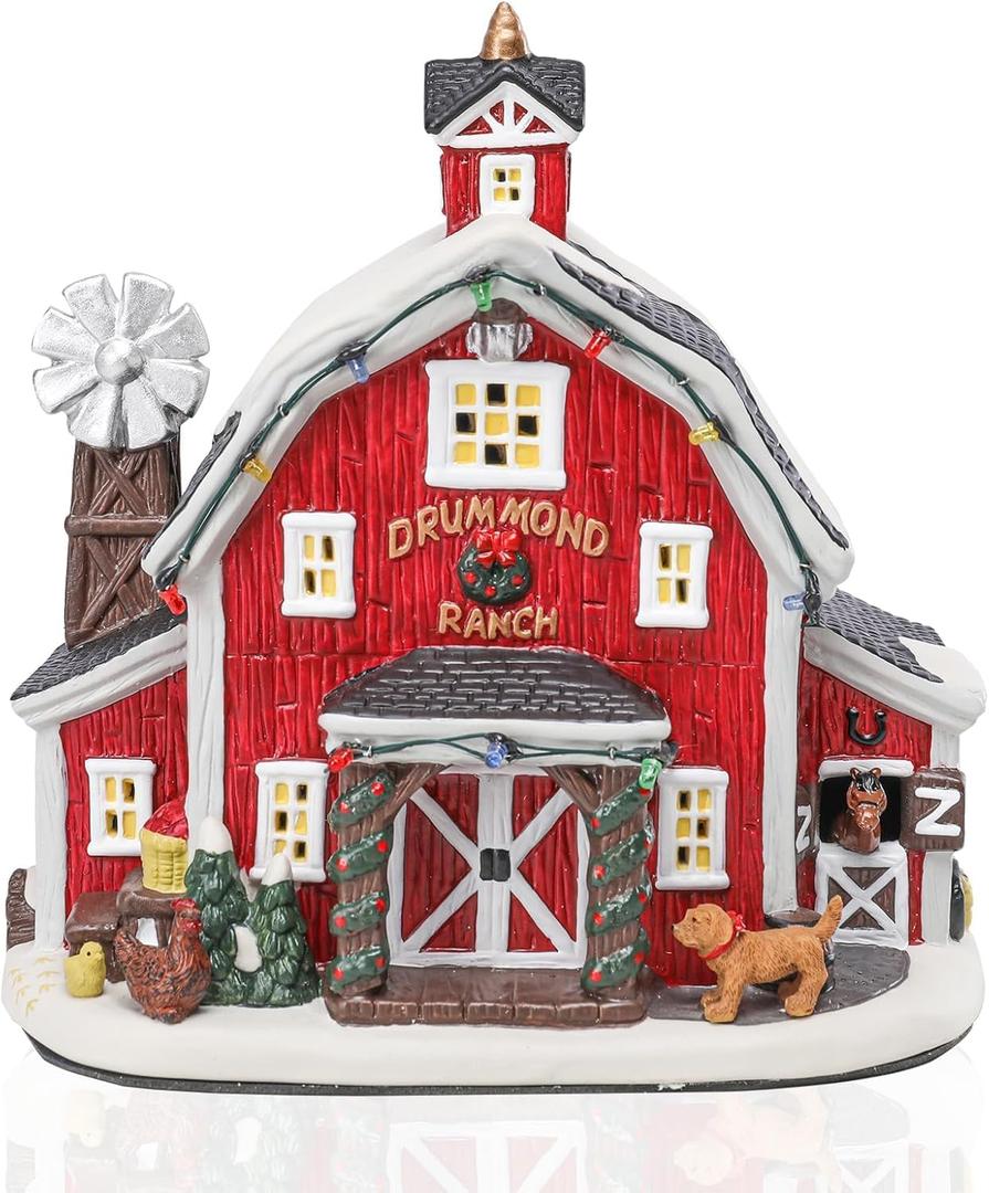 Yinns Christmas Village Houses, Ceramic Houses with Warm LED Light Ornamnet Xmas Village House Christmas Home Decorations (Red-ranch)