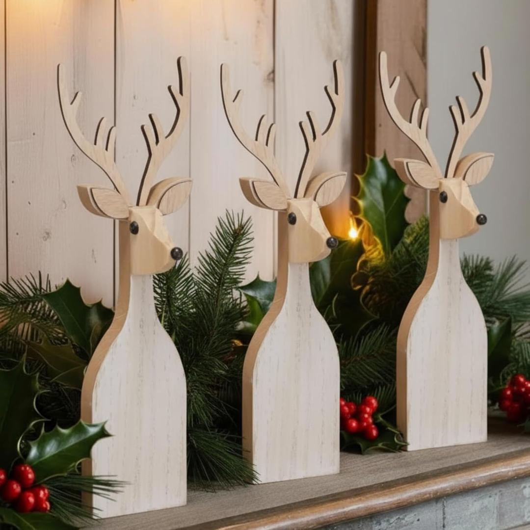 3 Pcs 12 Inch Wooden Christmas Reindeer Table Decorations Indoor Christmas Reindeer Table Sign Centerpiece with Removable Antlers Farmhouse Elk Xmas Decoration for Winter Mantel Fireplace Shelf Home
