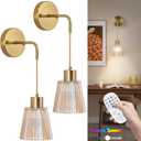 Vintage Wall Sconce Battery Operated,Rechargeable Wall Lights Set of Two,Dimmable Glass Wall Sconces with Remote Control,15 Colors,Wireless LED Wall Lamp for Bedroom Living Room Bathroom Hallway