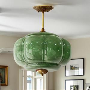 BOFEA-15 Inch Green Vintage Chandelier,Green Glass Ceiling Light Fixture with Gold Finish,Antique Pendant Lights Kitchen Island,Art Deco Hanging Lights for Bedroom Living Dining Room Hallway
