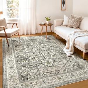 WITSHOCK Living Room Area Rugs 5x7: Washable Rug Boho Soft Non-Slip Low Pile Stain Resistant Foldable Carpet for Bedroom Playroom Dining Room Office Kitchen Farmhouse Home Decor Rug-Brown/Lvory