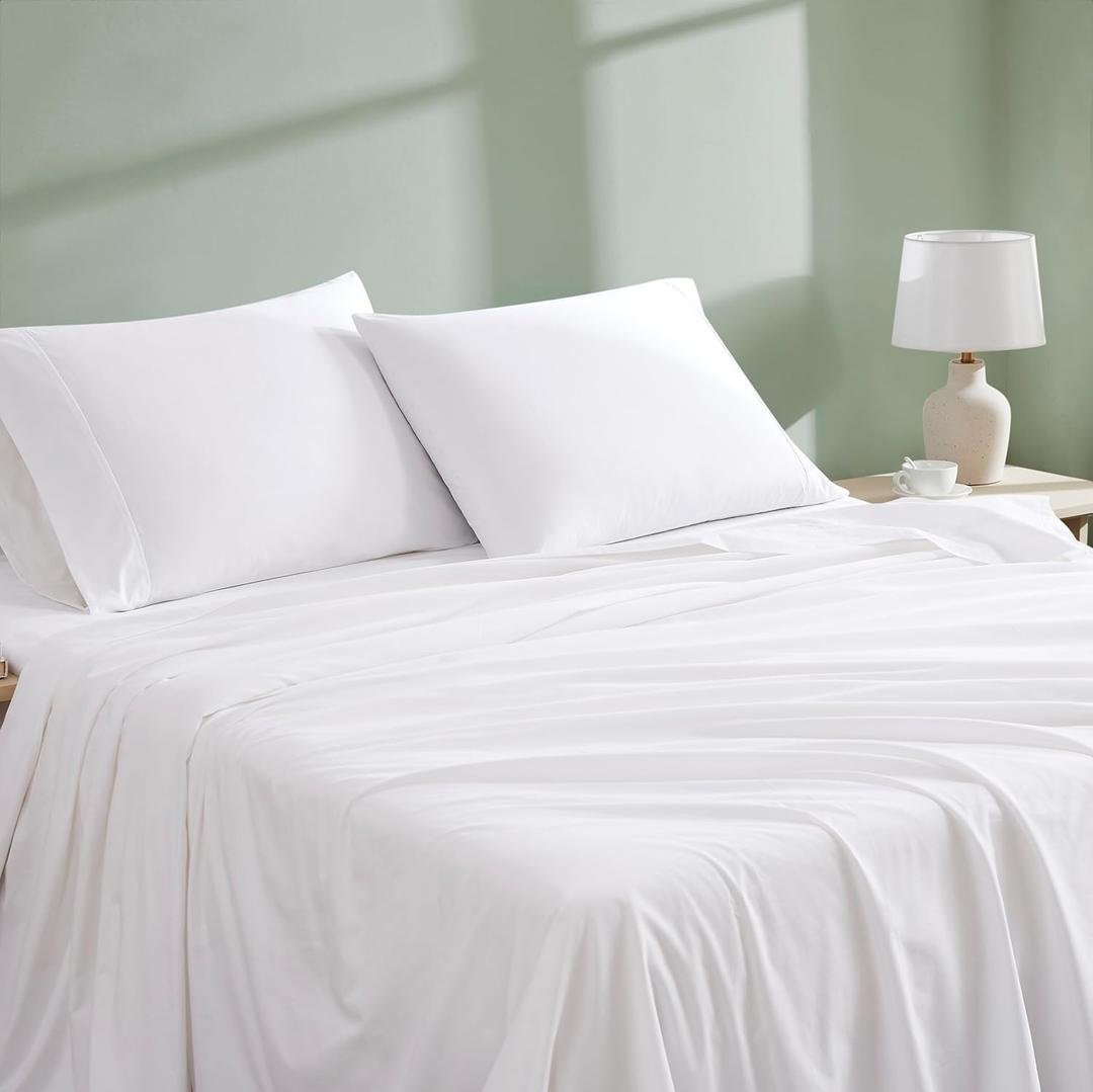 Linen Closet 4 Pcs 100% Organic Cotton Queen Sheet Set, Arctic White, 300 Thread Count, Percale Weave, Up To 18" Deep Pocket Fitted Sheet, Cooling & Breathable Bed Sheets Set, Juego De Sbanas Queen