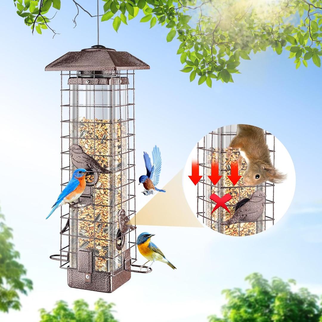 Squirrel Proof Bird Feeder for Outdoors Hanging, 3LB Large Capacity Metal Wild Feeder with Gravity Protection, 4 Ports, Durable & Weatherproof for Cardinals, Chickadees, Backyard Bird Watching