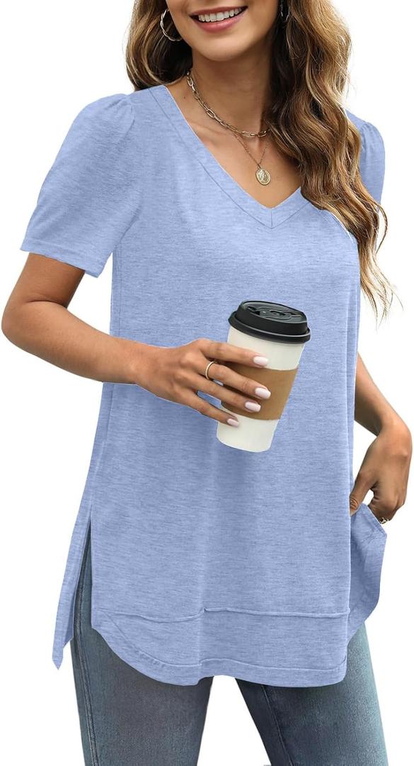 JomeDesign Summer Tops for Women Short Sleeve V Neck Shirts Side Split Loose Casual Tunic Tops (Small, Light Blue)