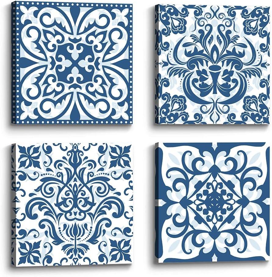 the stream design Boho Mandala Canvas Wall Art: Vintage Navy Blue Flower Picture Painting Print Artwork 4 Piece Bathroom Living Room Bedroom Decor 12x12 Inch