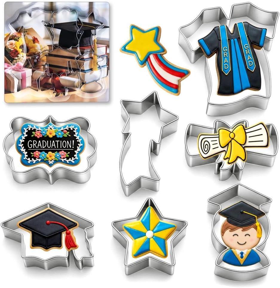 Graduation Cookie Cutters Set of 7, Stainless Steel, Cap Gown Diploma Graduate Star Shapes, for Graduation Celebration Party