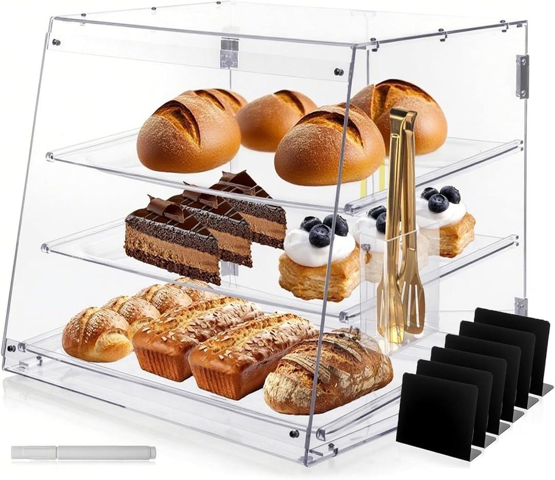 Pastry Display Case, Bakery Display Case - 3 Tier Acrylic Clear Bread Storage Box Countertop for Pastry Desserts Food Cookie with Rear Door Access & Removable Shelves, 20.86 x 17.3 x 16.5 inch