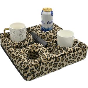 Couch and Bed Cup Holder Pillow, Sofa Refreshment Tray for Drinks/Remote Control/Snacks Holder (Leopard)