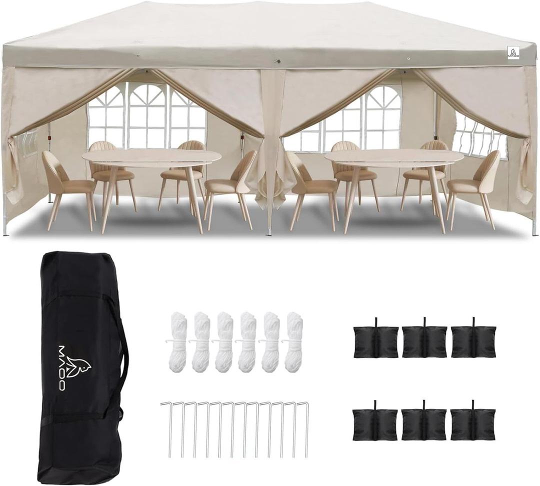 MAOO 10x20 Pop Up Canopy Tent with Transparent PVC Windows & Pinch-Free Thumb Latch, Heavy Duty Party Tent with 6 Removable Sidewalls for Outdoor Parties Weddings and Trade Shows, Beige