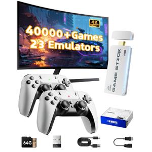 2026 Upgraded Retro Gaming Console Stick Pro, Video Games Stick with 4K HDMI Built-in 23 Emulators Console, 40000+ Game System, Plug and Play TV Game Stick with 2 Wireless Controllers Natural White
